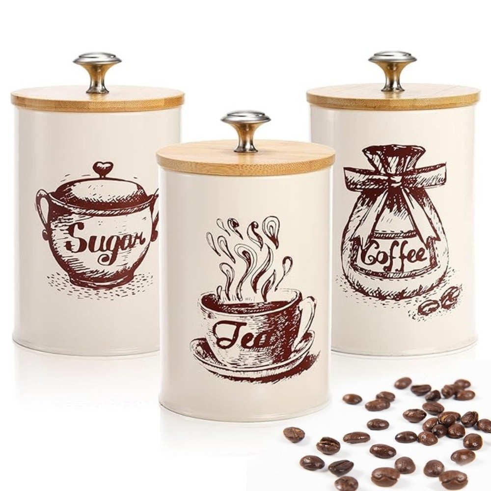 Coffee Tea And Sugar Canister Set - 3-delige metalen koffiebusset met grote capaciteit