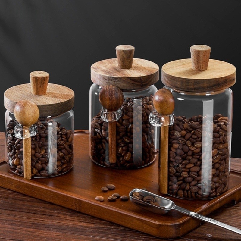 Coffee Tea And Sugar Canister Set - ABJI-Glazen potten met houten deksels en