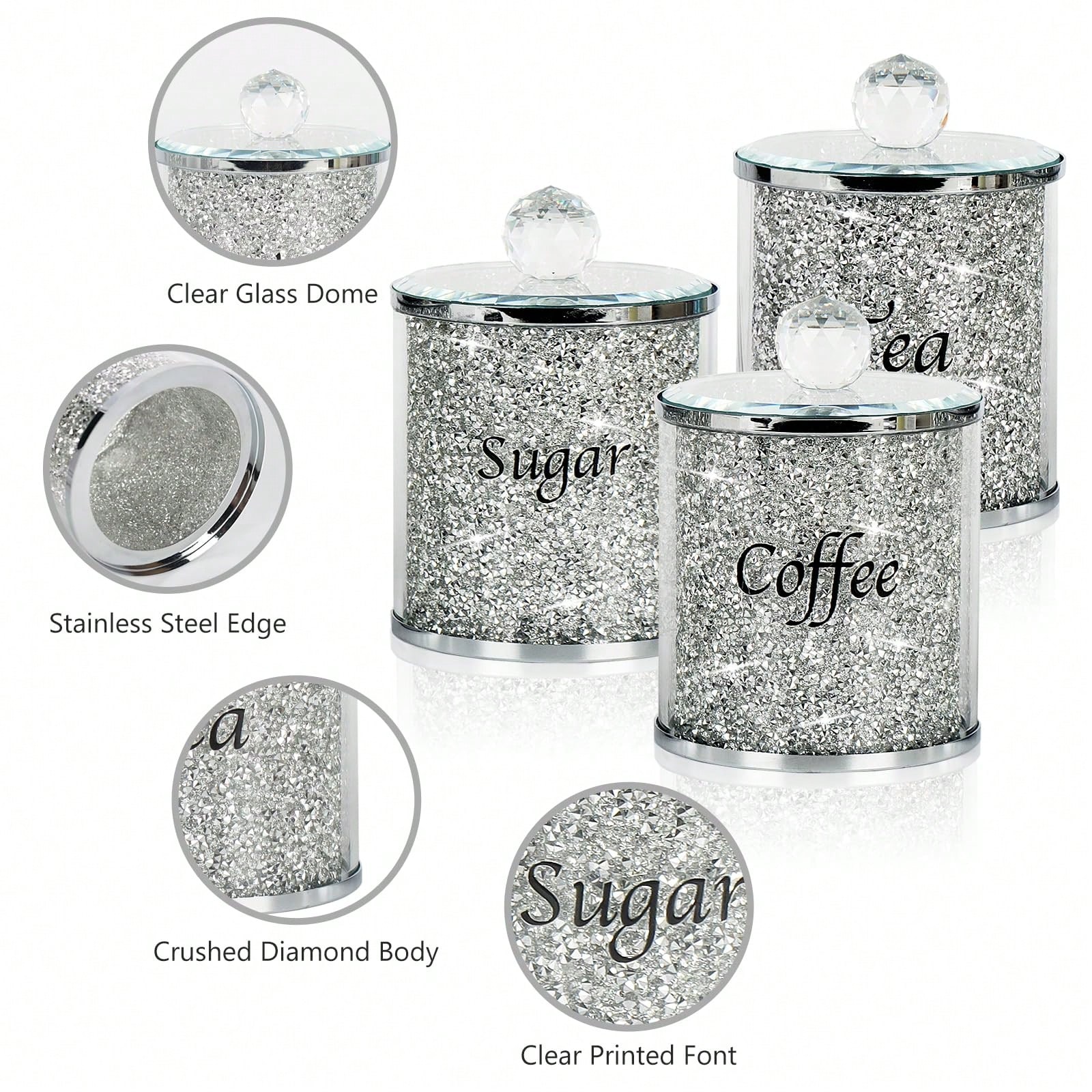 Coffee Tea And Sugar Canister Set - Koffie Suiker Thee Blikjesset Sparkly Glam